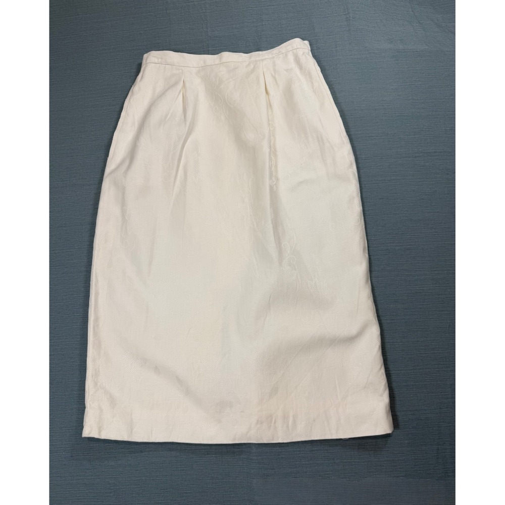 Vintage ILGWU White Jacquard Midi Skirt Cotton Linen Floral‎ Damask Pencil Sz 8